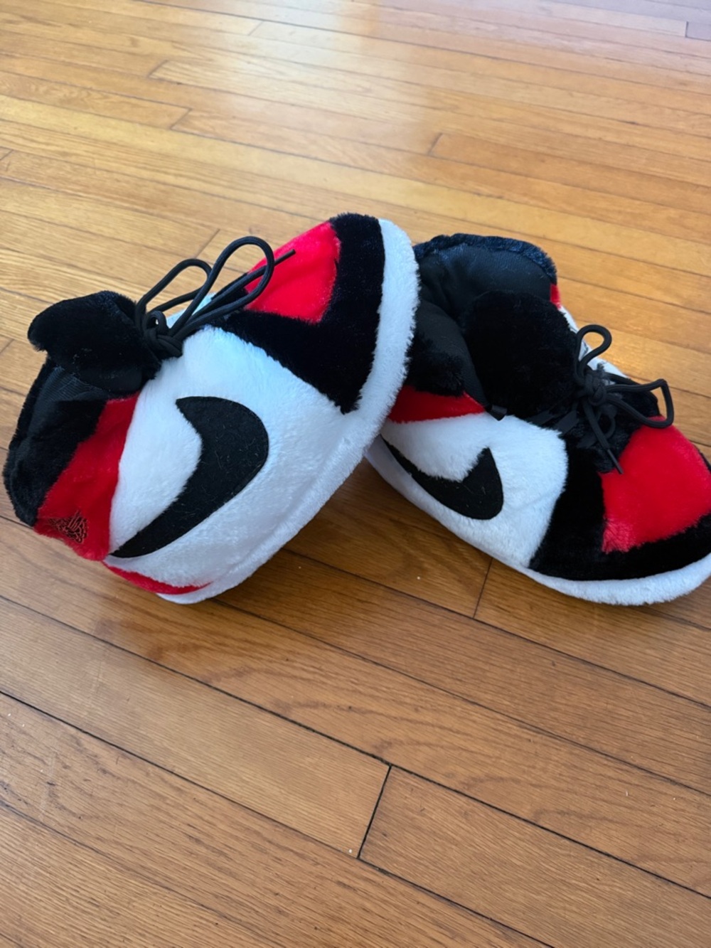 “Nike” Red, Black & White Plush Swoosh Slippers air Jordan 1 style